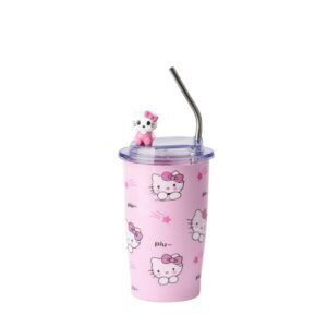 Cute Cartoon Insulated Tumbler 510ml with Straw – Travel Drinking Glass (Pink)
