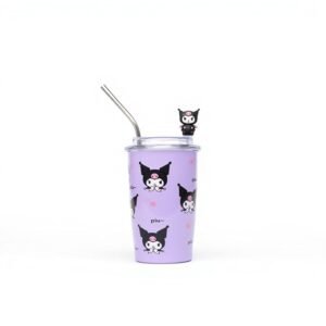 Cute Cartoon Insulated Tumbler 510ml with Straw – Travel Drinking Glass (Purple)