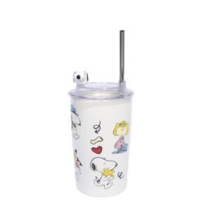 Cute Cartoon Insulated Tumbler 510ml with Straw – Travel Drinking Glass (White)