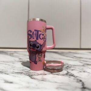 Cute Cartoon Stainless Steel Tumbler 1200ml with Handle & Straw – Travel Coffee Tumbler (Pink)