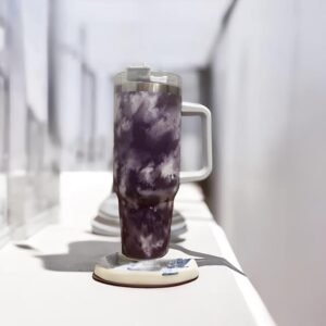 Pattern Insulated Stainless Steel Tumbler 1200ml with Handle, Lid & Straw – Travel Mug (Purple and white)