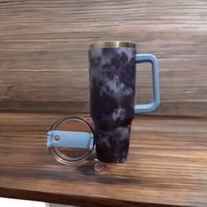 Pattern Insulated Stainless Steel Tumbler 1200ml with Handle, Lid & Straw – Travel Mug (Blue)