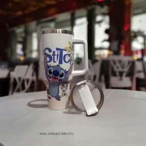 Cute Cartoon Stainless Steel Tumbler 1200ml with Handle & Straw – Travel Coffee Tumbler (White))