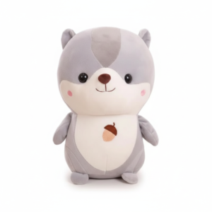 Soft grey-white plush squirrel with an embroidered acorn — cute, cuddly, and perfect for kids’ rooms