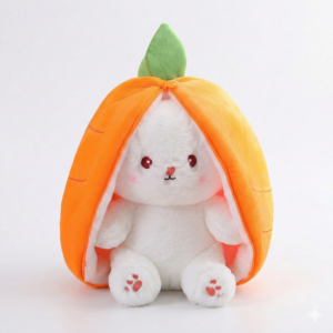 Plush Bunny Rabbit in Orange Carrot House, White Stuffed Animal Toy with Green Leaf, Cute Easter Gift