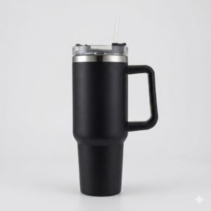 Stainless Steel Insulated Travel Tumbler 1200ml with Handle & Straw – Double Wall Vacuum Coffee Mug (Black)